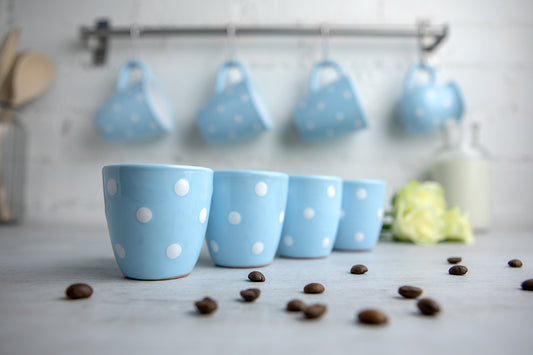 Light Sky Blue And White Polka Dot Spotty Designer Handmade Hand Painted Unique Ceramic 2oz-60ml Espresso Coffee Cup Set of 4