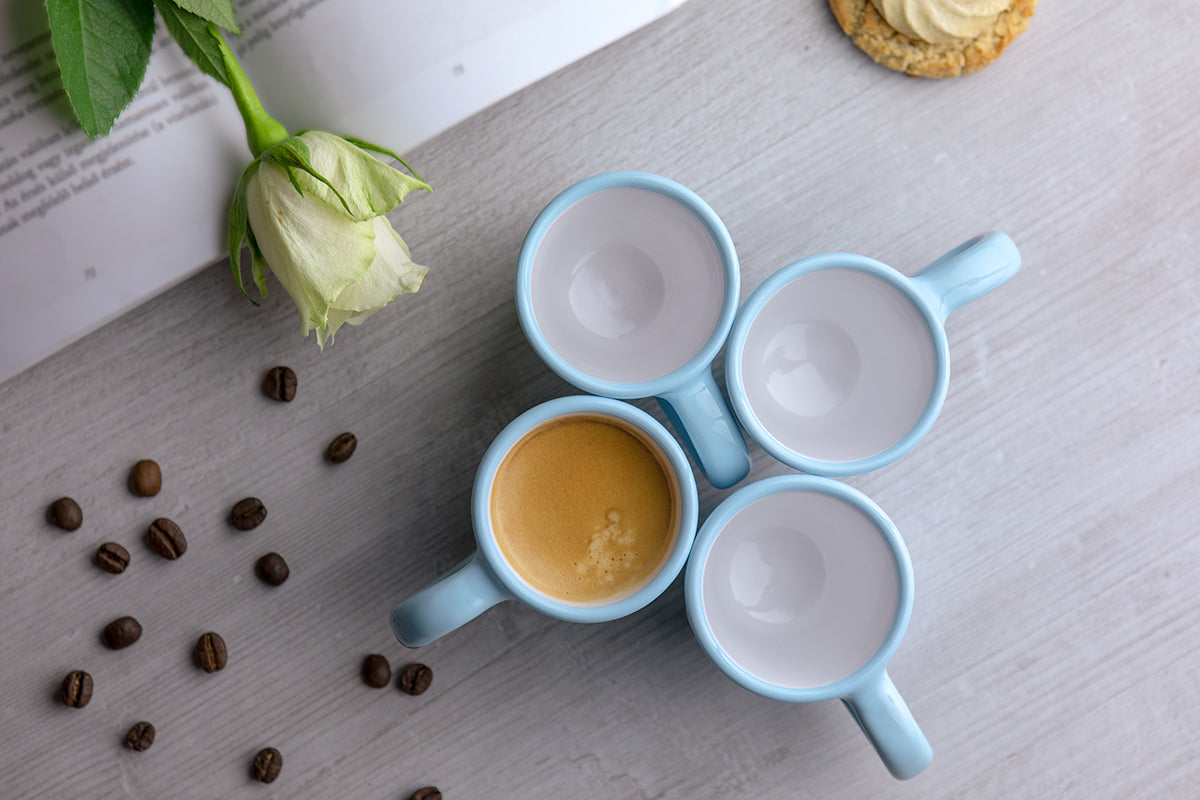 Light Sky Blue And White Polka Dot Spotty Designer Handmade Hand Painted Unique Ceramic 2oz-60ml Espresso Coffee Cup Set of 4