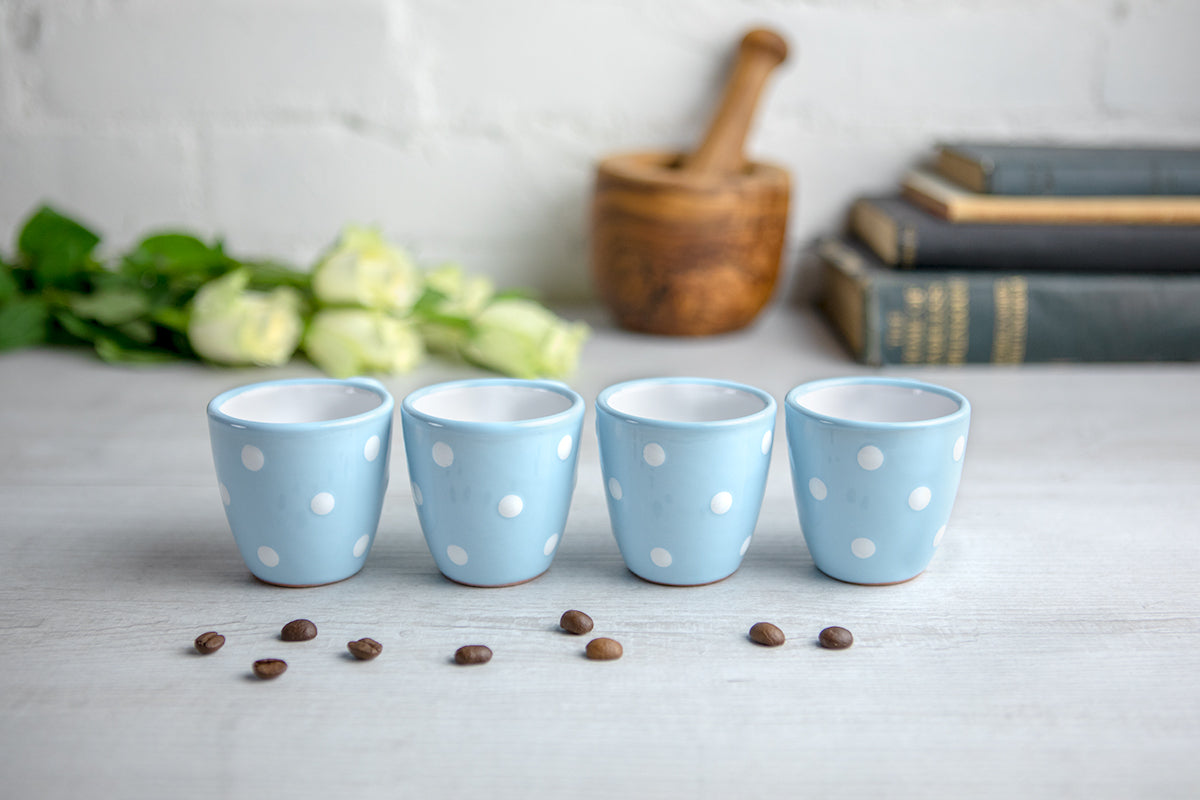 Light Sky Blue And White Polka Dot Spotty Designer Handmade Hand Painted Unique Ceramic 2oz-60ml Espresso Coffee Cup Set of 4
