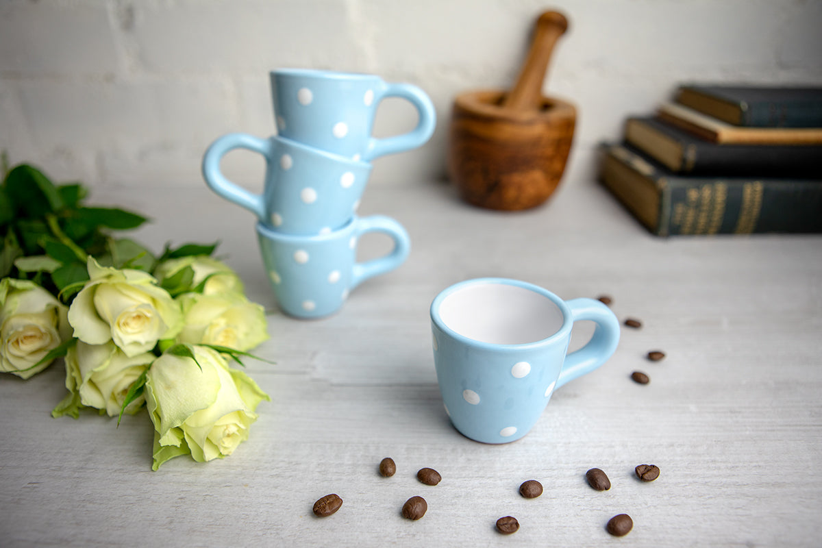 Light Sky Blue And White Polka Dot Spotty Designer Handmade Hand Painted Unique Ceramic 2oz-60ml Espresso Coffee Cup Set of 4