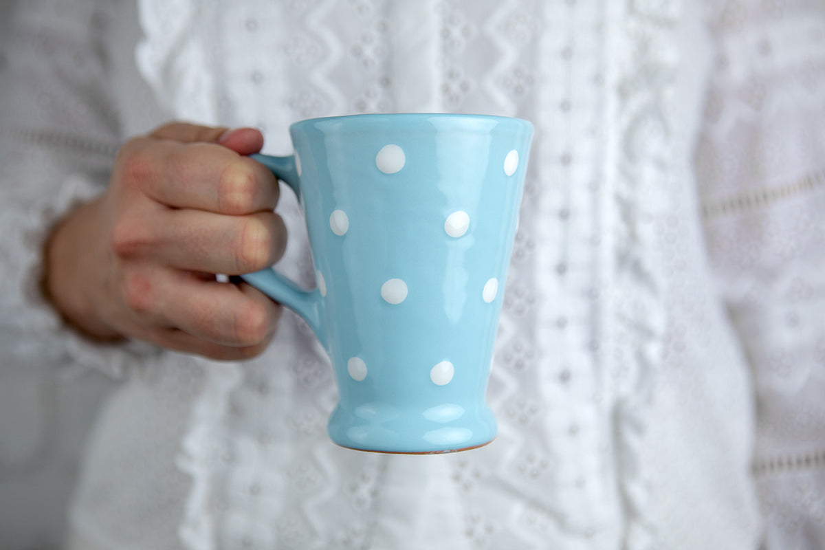 Light Sky Blue And White Polka Dot Spotty Handmade Hand Painted Ceramic Coffee Tea Latte Mug with Large Handle 8 oz - 220 ml