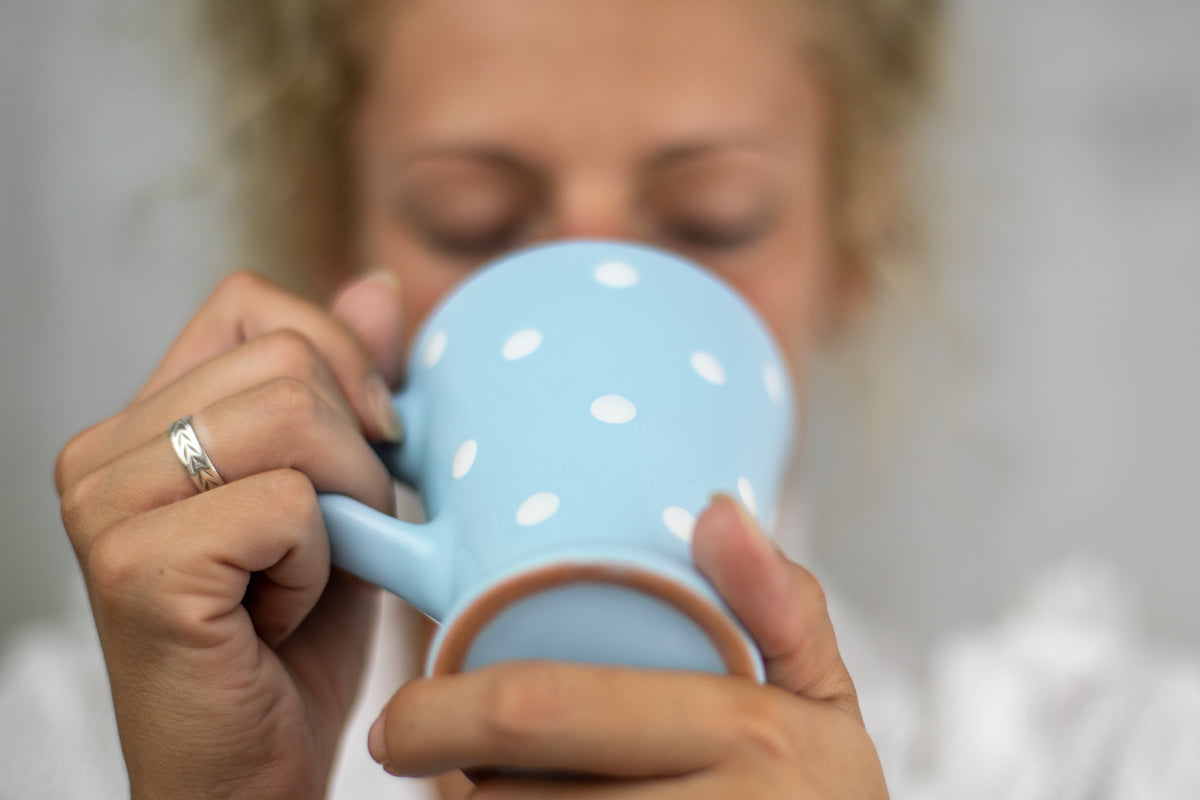 Light Sky Blue And White Polka Dot Spotty Handmade Hand Painted Ceramic Coffee Tea Latte Mug with Large Handle 8 oz - 220 ml