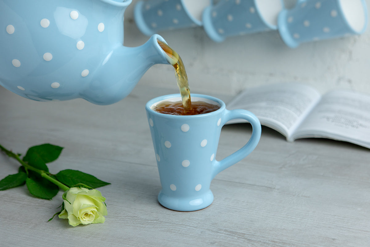 Light Sky Blue And White Polka Dot Spotty Handmade Hand Painted Ceramic Coffee Tea Latte Mug with Large Handle 8 oz - 220 ml
