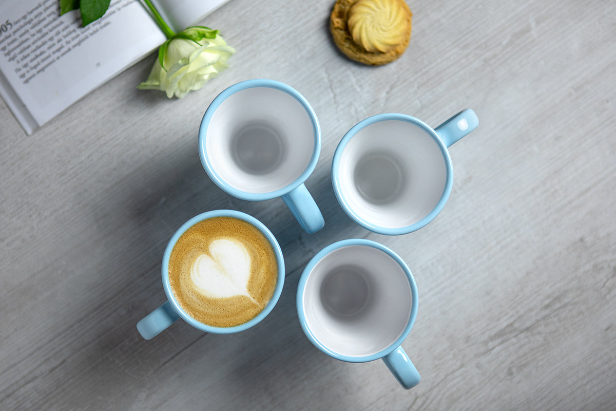 Light Sky Blue And White Polka Dot Spotty Handmade Hand Painted Ceramic Coffee Tea Latte Mug with Large Handle 8 oz - 220 ml