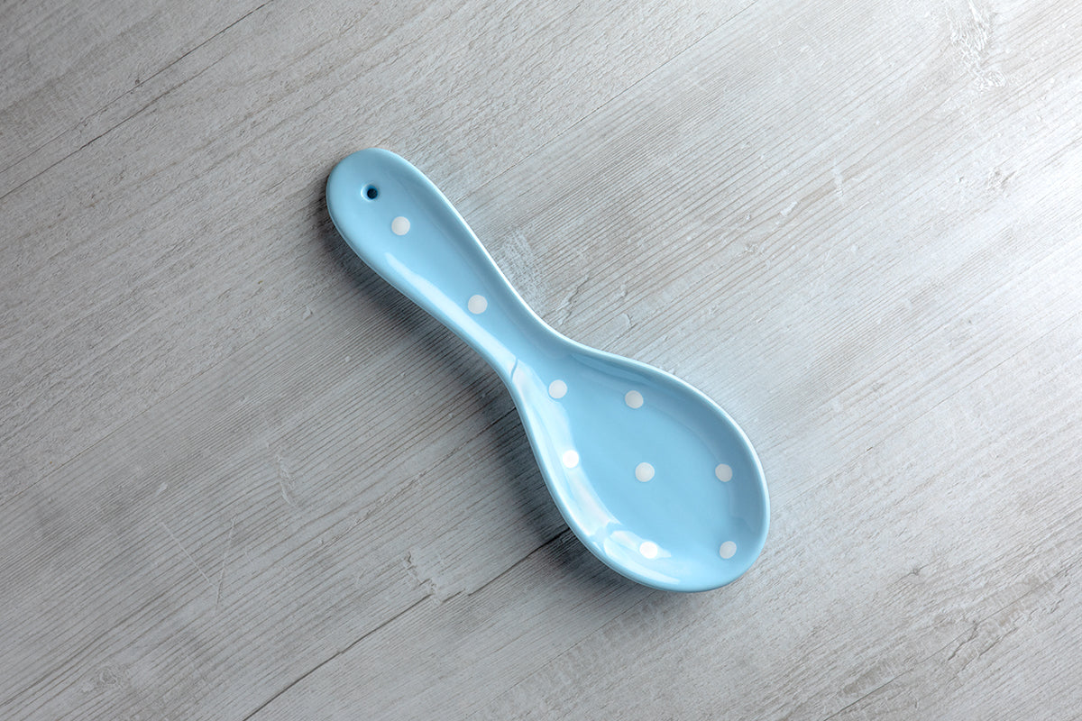 Light Sky Blue And White Polka Dot Spotty Handmade Hand Painted Ceramic Kitchen Cooking Spoon Rest