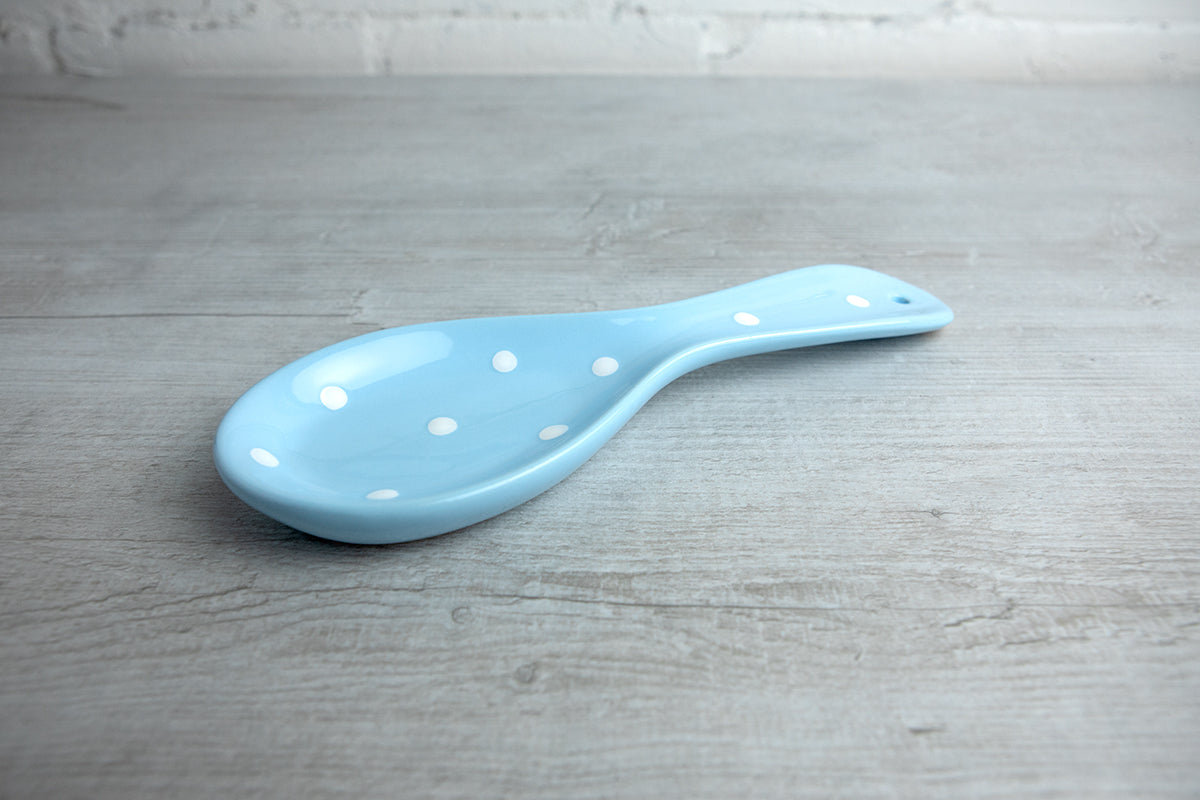 Light Sky Blue And White Polka Dot Spotty Handmade Hand Painted Ceramic Kitchen Cooking Spoon Rest