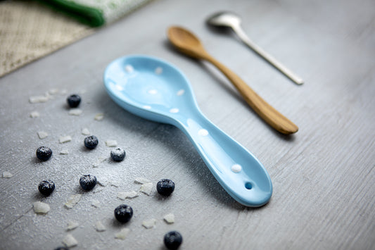 Light Sky Blue And White Polka Dot Spotty Handmade Hand Painted Ceramic Kitchen Cooking Spoon Rest