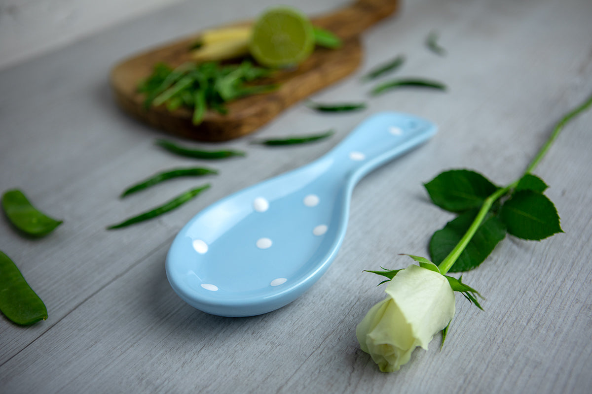 Light Sky Blue And White Polka Dot Spotty Handmade Hand Painted Ceramic Kitchen Cooking Spoon Rest