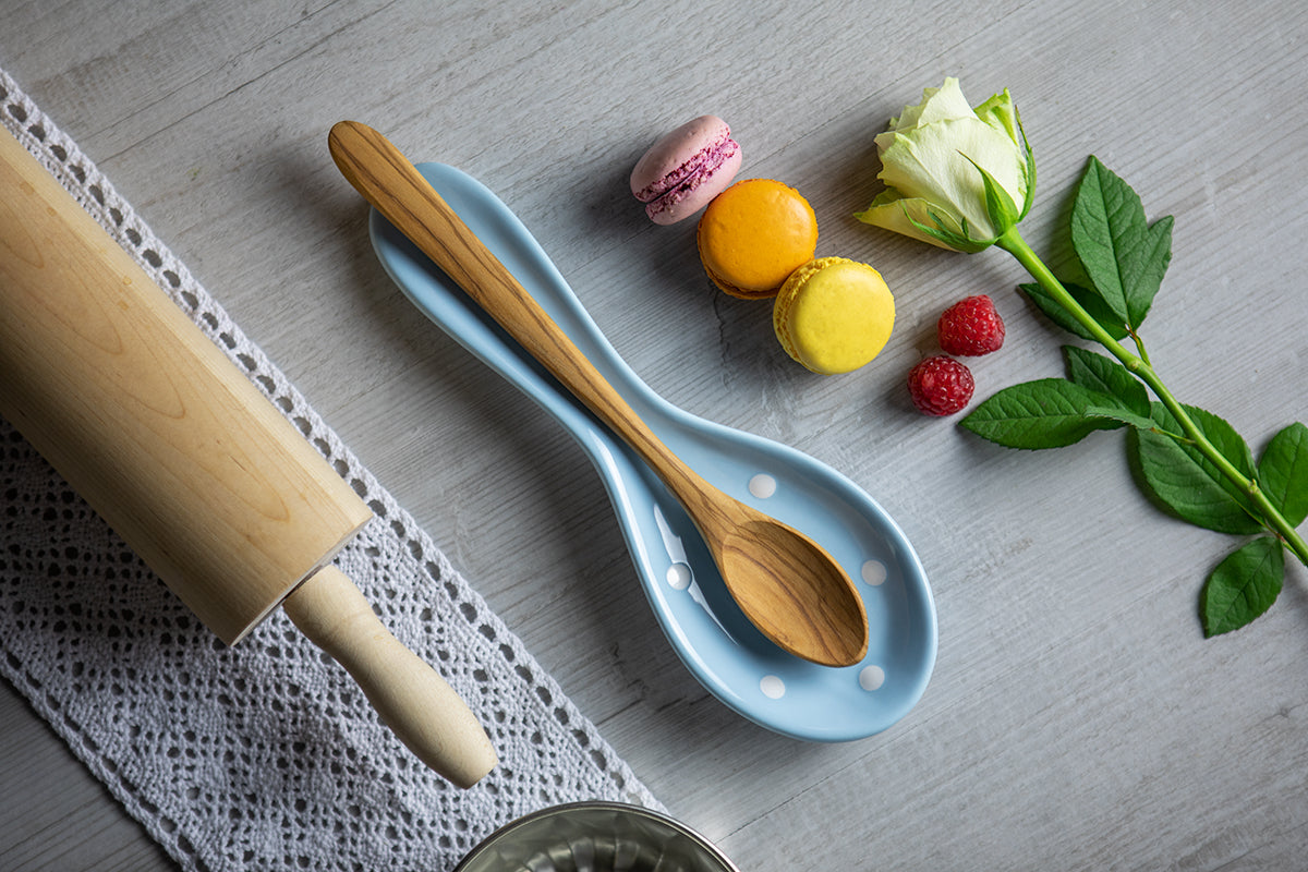 Light Sky Blue And White Polka Dot Spotty Handmade Hand Painted Ceramic Kitchen Cooking Spoon Rest