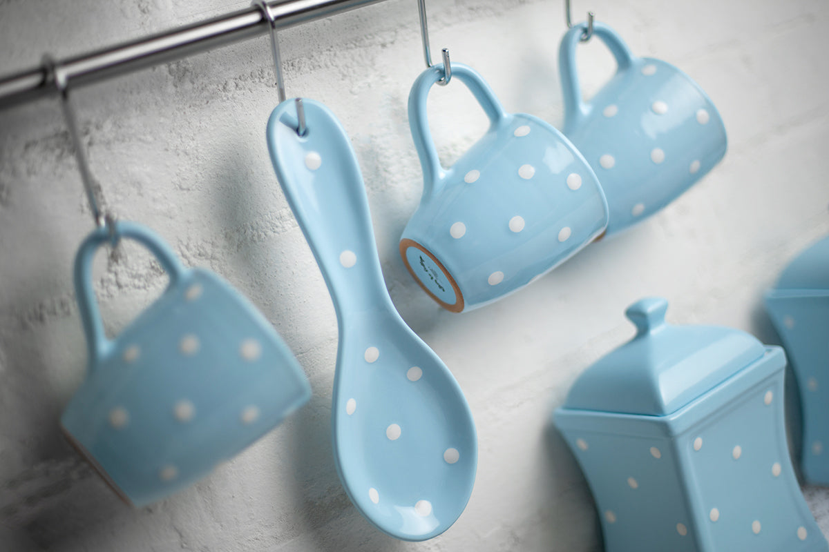 Light Sky Blue And White Polka Dot Spotty Handmade Hand Painted Ceramic Kitchen Cooking Spoon Rest