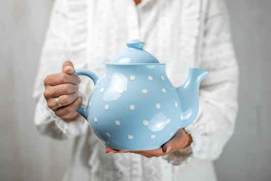 Light Sky Blue And White Polka Dot Spotty Large Handmade Hand Painted Ceramic Teapot with Handle 60 oz / 1.7 l