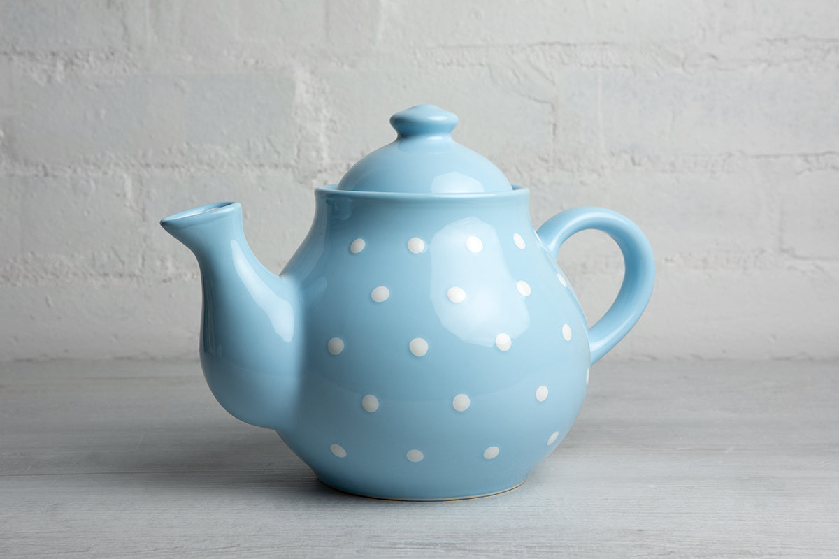 Light Sky Blue And White Polka Dot Spotty Large Handmade Hand Painted Ceramic Teapot with Handle 60 oz / 1.7 l