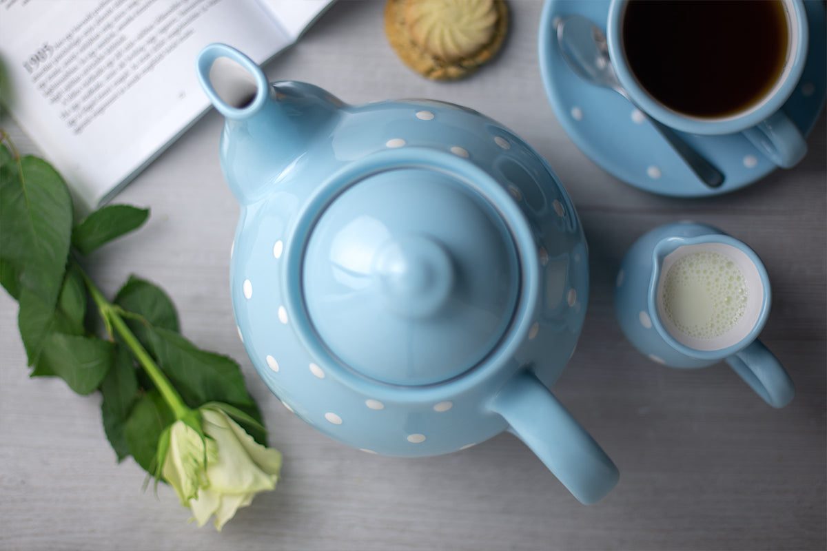 Light Sky Blue And White Polka Dot Spotty Large Handmade Hand Painted Ceramic Teapot with Handle 60 oz / 1.7 l