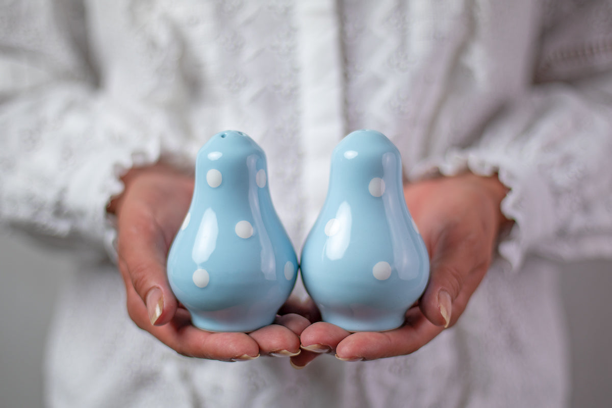 Light Sky Blue And White Polka Dot Spotty Handmade Hand Painted Ceramic Salt and Pepper Shaker Pot