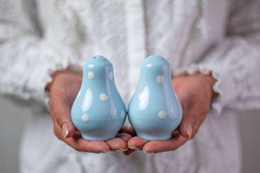 Light Sky Blue And White Polka Dot Spotty Handmade Hand Painted Ceramic Salt and Pepper Shaker Pot