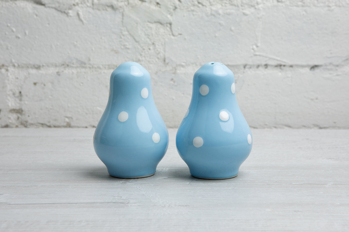 Light Sky Blue And White Polka Dot Spotty Handmade Hand Painted Ceramic Salt and Pepper Shaker Pot