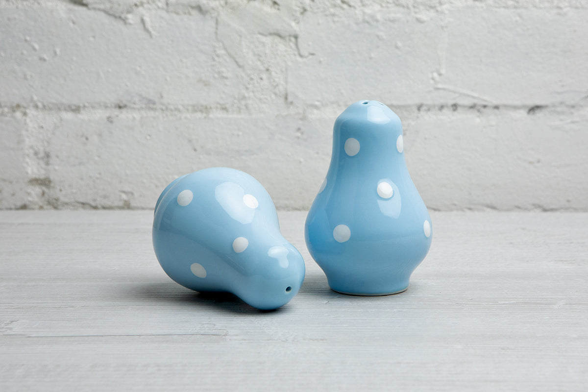 Light Sky Blue And White Polka Dot Spotty Handmade Hand Painted Ceramic Salt and Pepper Shaker Pot