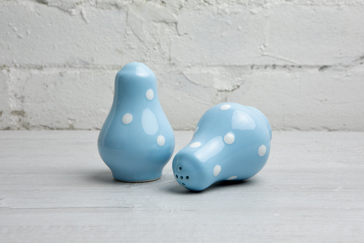 Light Sky Blue And White Polka Dot Spotty Handmade Hand Painted Ceramic Salt and Pepper Shaker Pot