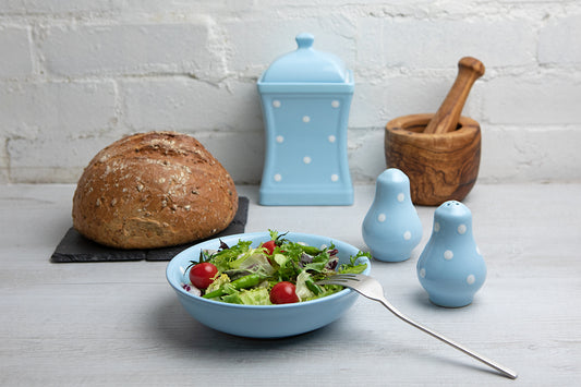 Light Sky Blue And White Polka Dot Spotty Handmade Hand Painted Ceramic Salt and Pepper Shaker Pot