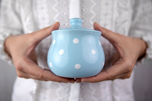 Light Sky Blue And White Polka Dot Spotty Handmade Hand Painted Ceramic Sugar Bowl With Lid