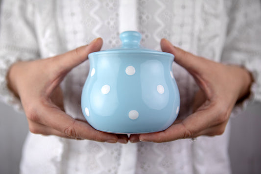 City to Cottage Ceramic Sugar Bowl with Lid, 10oz Sugar Contanier for Coffee Bar, Sugar Dispenser Bowl, Salt - Condiment Pot for Kitchen Counter, Handcrafted Sky Baby Blue Polka Dot Sugar Jar