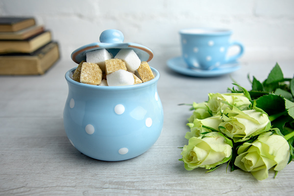 City to Cottage Ceramic Sugar Bowl with Lid, 10oz Sugar Contanier for Coffee Bar, Sugar Dispenser Bowl, Salt - Condiment Pot for Kitchen Counter, Handcrafted Sky Baby Blue Polka Dot Sugar Jar