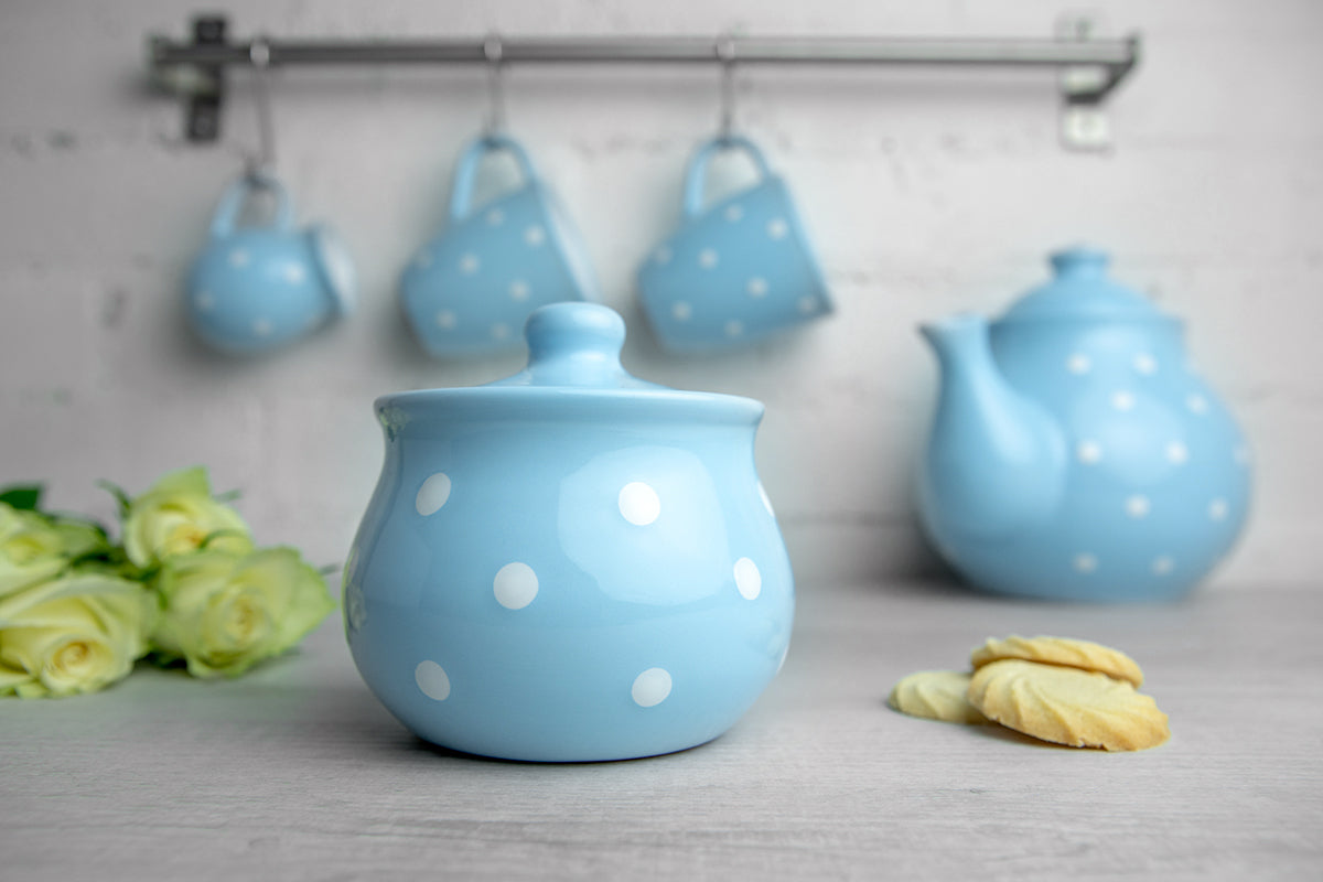 City to Cottage Ceramic Sugar Bowl with Lid, 10oz Sugar Contanier for Coffee Bar, Sugar Dispenser Bowl, Salt - Condiment Pot for Kitchen Counter, Handcrafted Sky Baby Blue Polka Dot Sugar Jar