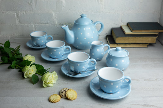 Light Sky Blue And White Polka Dot Spotty Handmade Hand Painted Ceramic Large Teapot Milk Jug Sugar Bowl Set With 4 Cups and Saucers