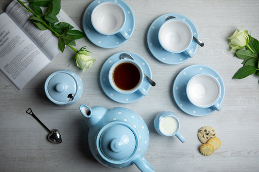 Light Sky Blue And White Polka Dot Spotty Handmade Hand Painted Ceramic Large Teapot Milk Jug Sugar Bowl Set With 4 Cups and Saucers