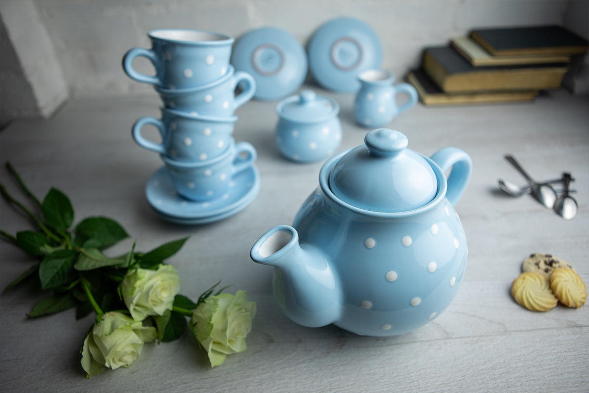 Light Sky Blue And White Polka Dot Spotty Handmade Hand Painted Ceramic Large Teapot Milk Jug Sugar Bowl Set With 4 Cups and Saucers