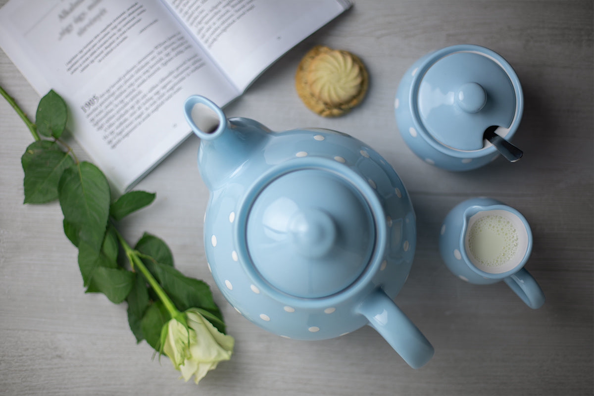 Light Sky Blue And White Polka Dot Spotty Handmade Hand Painted Ceramic Large Teapot Milk Jug Sugar Bowl Set With 4 Cups and Saucers