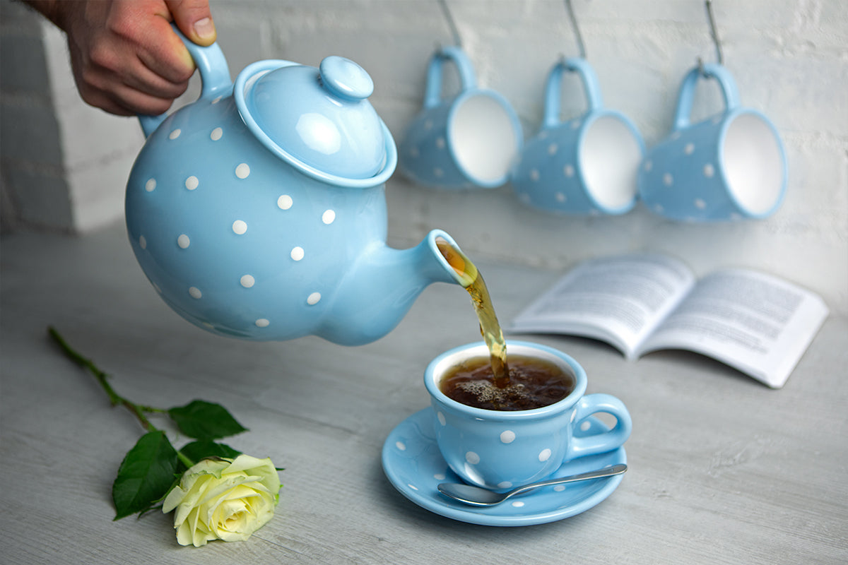 Light Sky Blue And White Polka Dot Spotty Handmade Hand Painted Ceramic Large Teapot Milk Jug Sugar Bowl Set With 4 Cups and Saucers