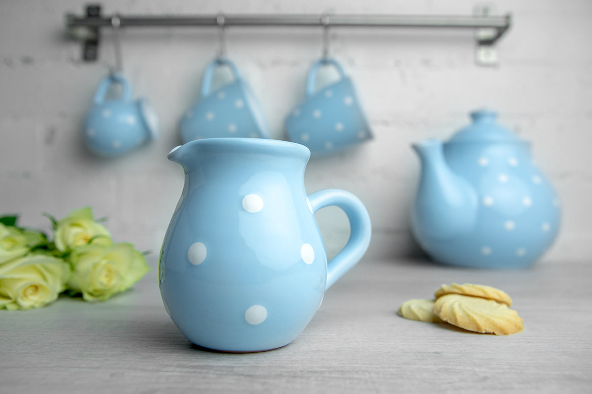 Light Sky Blue And White Polka Dot Spotty Handmade Hand Painted Ceramic Large Teapot Milk Jug Sugar Bowl Set With 4 Cups and Saucers