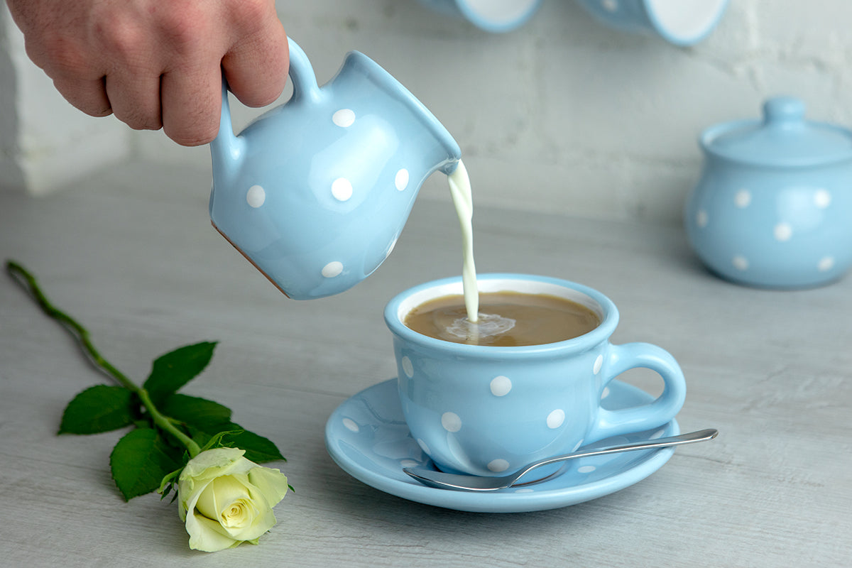 Light Sky Blue And White Polka Dot Spotty Handmade Hand Painted Ceramic Large Teapot Milk Jug Sugar Bowl Set With 4 Cups and Saucers