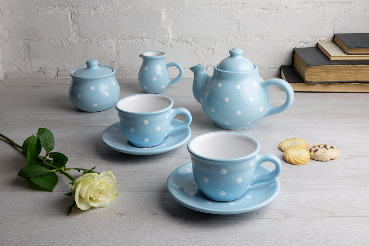 Light Sky Blue and White Polka Dot Pottery Handmade Hand Painted Ceramic Teapot Milk Jug Sugar Bowl Set With Two Cups and Saucers
