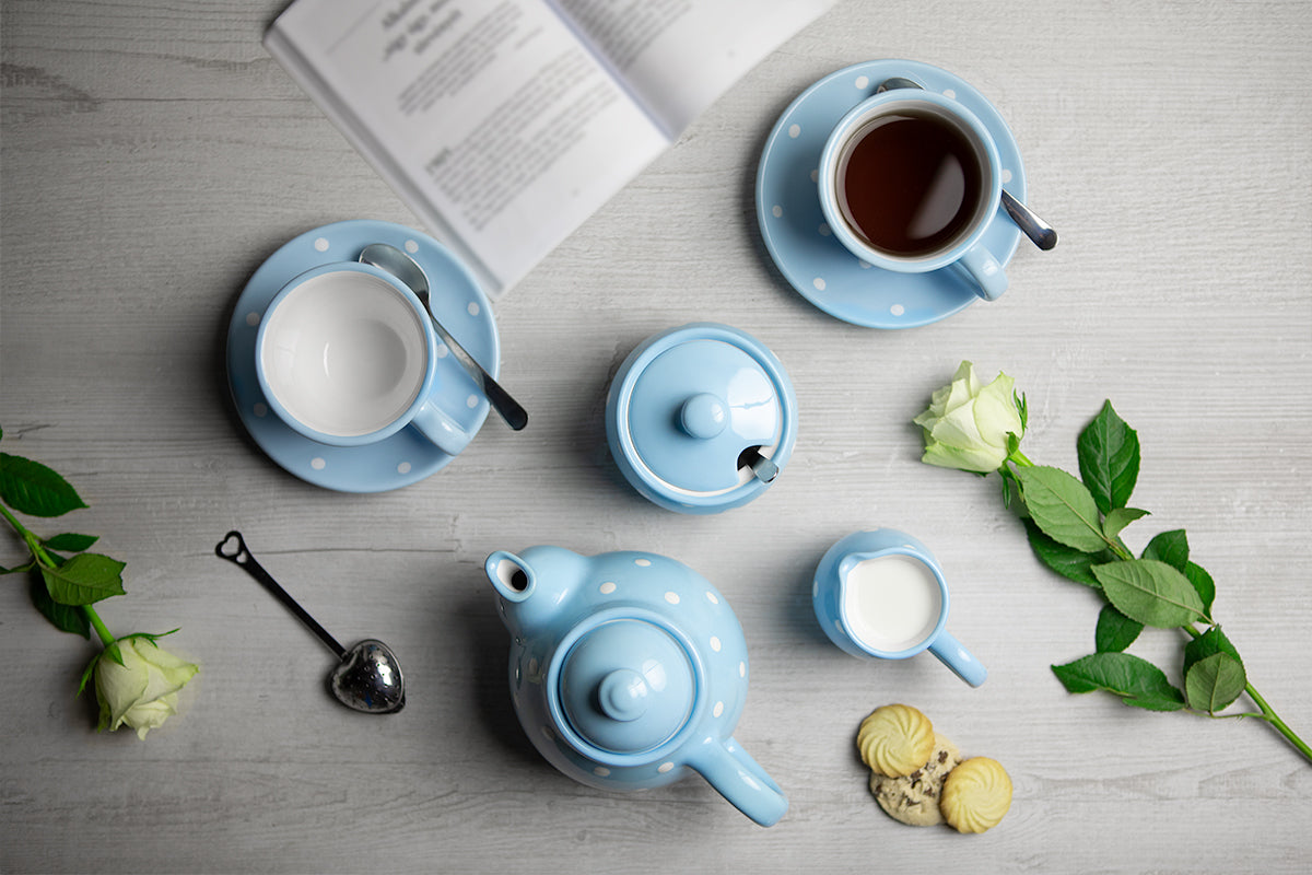 Light Sky Blue and White Polka Dot Pottery Handmade Hand Painted Ceramic Teapot Milk Jug Sugar Bowl Set With Two Cups and Saucers