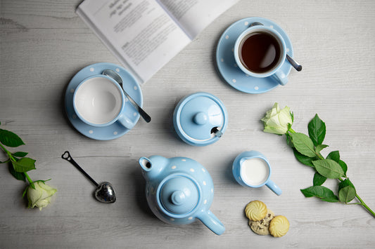Light Sky Blue and White Polka Dot Pottery Handmade Hand Painted Ceramic Teapot Milk Jug Sugar Bowl Set With Two Cups and Saucers