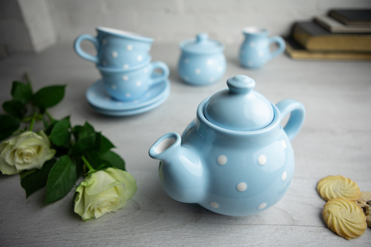 Light Sky Blue and White Polka Dot Pottery Handmade Hand Painted Ceramic Teapot Milk Jug Sugar Bowl Set With Two Cups and Saucers