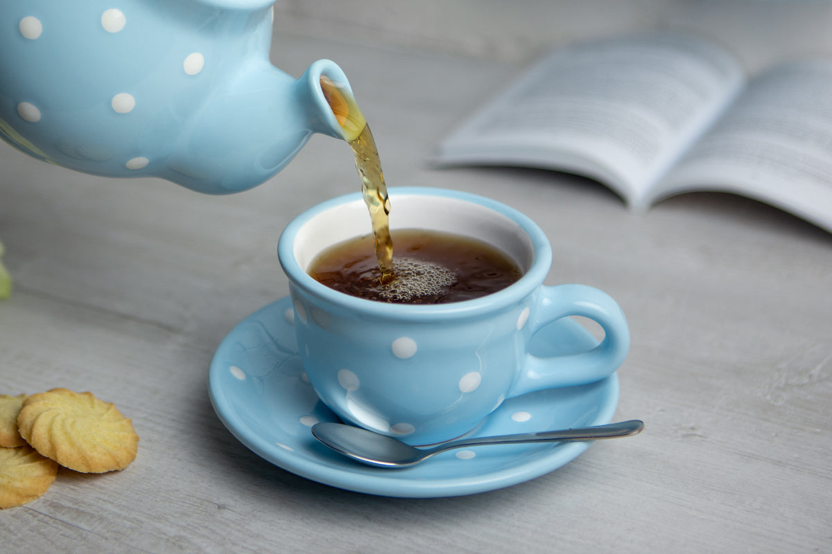 Light Sky Blue and White Polka Dot Pottery Handmade Hand Painted Ceramic Teapot Milk Jug Sugar Bowl Set With Two Cups and Saucers