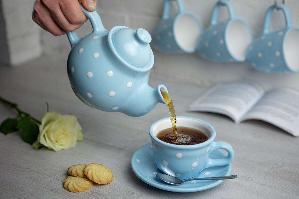 Light Sky Blue and White Polka Dot Pottery Handmade Hand Painted Ceramic Teapot Milk Jug Sugar Bowl Set With Two Cups and Saucers