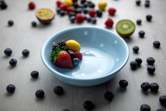 Light Sky Blue And White Polka Dot Spotty Handmade Hand Painted Ceramic Salad Pasta Fruit Cereal Soup Bowl