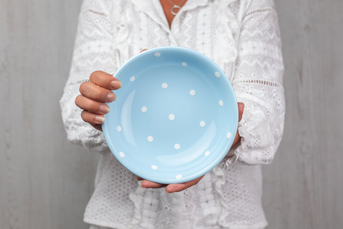Light Sky Blue And White Polka Dot Spotty Handmade Hand Painted Ceramic Salad Pasta Fruit Cereal Soup Bowl