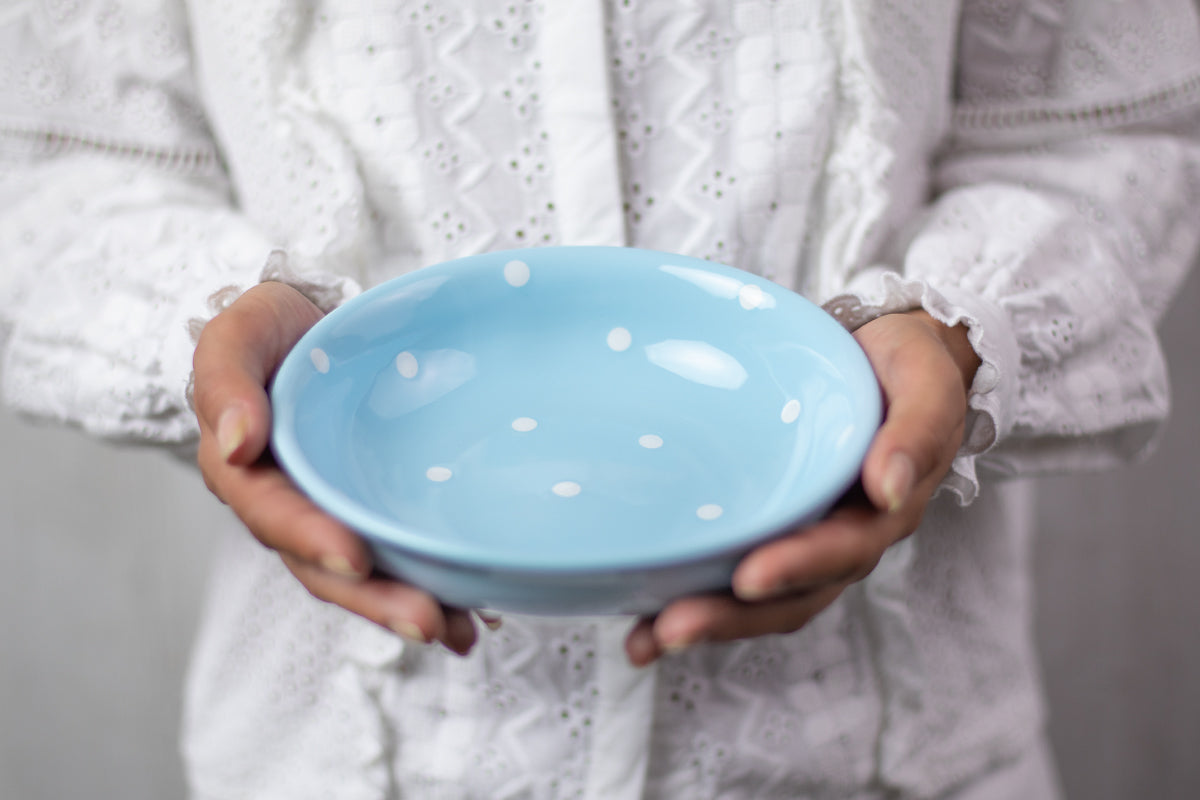 Light Sky Blue And White Polka Dot Spotty Handmade Hand Painted Ceramic Salad Pasta Fruit Cereal Soup Bowl