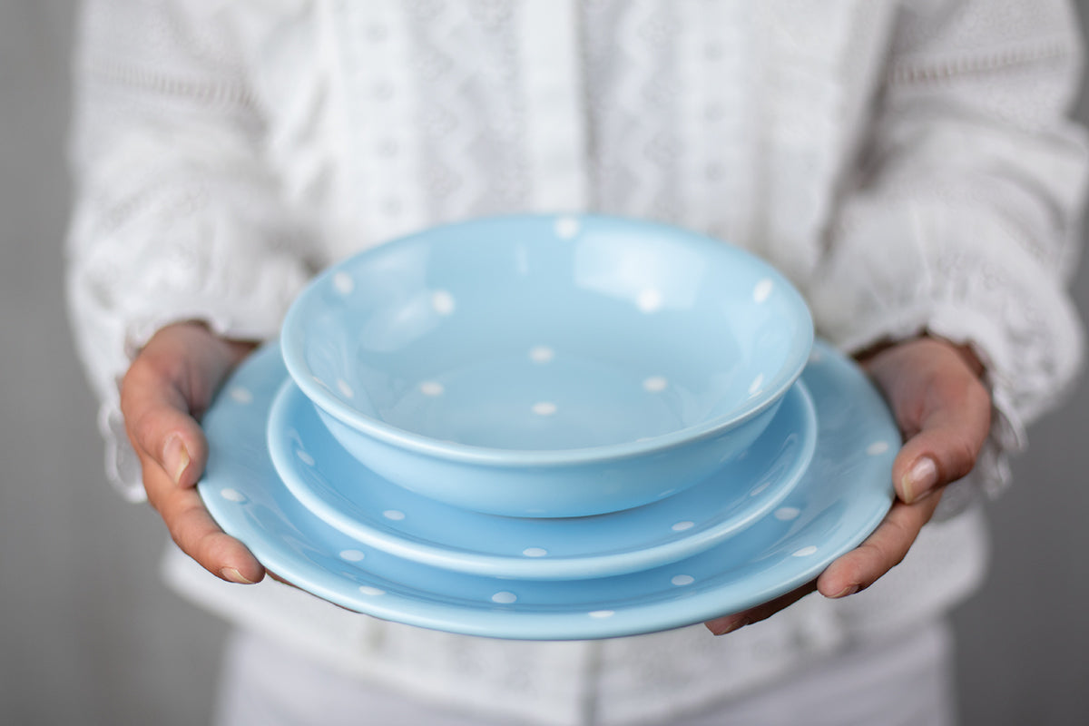 Light Sky Blue And White Polka Dot Spotty Handmade Hand Painted Ceramic Salad Pasta Fruit Cereal Soup Bowl