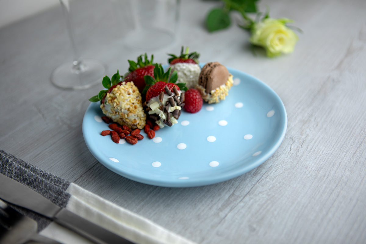 Light Sky Blue And White Polka Dot Spotty Handmade Hand Painted Glazed Ceramic Side Dessert Plate