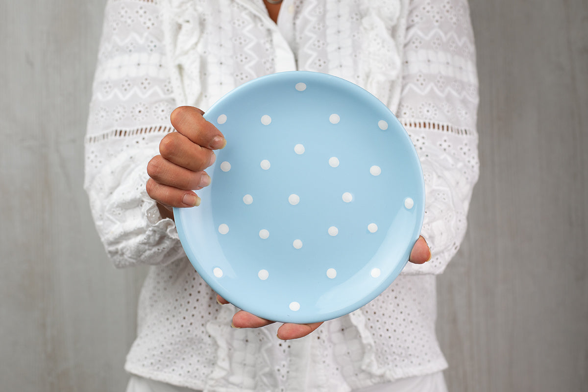 Light Sky Blue And White Polka Dot Spotty Handmade Hand Painted Glazed Ceramic Side Dessert Plate