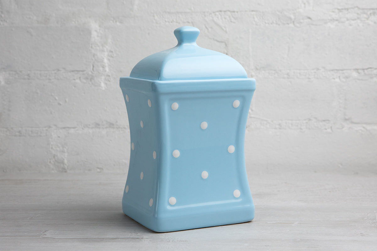 Light Sky Blue And White Polka Dot Spotty Handmade Hand Painted Large Ceramic Kitchen Storage Jar