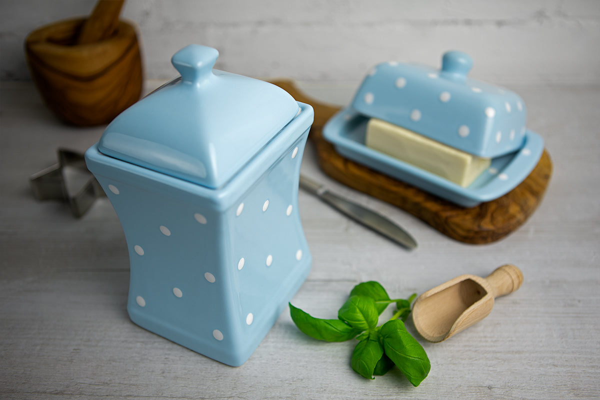 Light Sky Blue And White Polka Dot Spotty Handmade Hand Painted Large Ceramic Kitchen Storage Jar