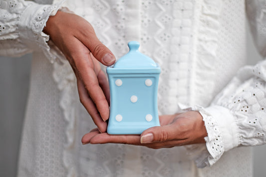 Light Sky Blue And White Polka Dot Spotty Handmade Hand Painted Small Ceramic Kitchen Herb Spice Storage Jar with Lid