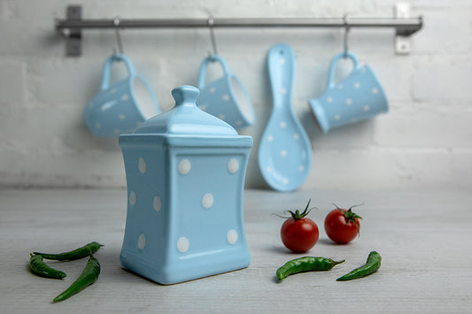 Light Sky Blue And White Polka Dot Spotty Handmade Hand Painted Small Ceramic Kitchen Herb Spice Storage Jar with Lid